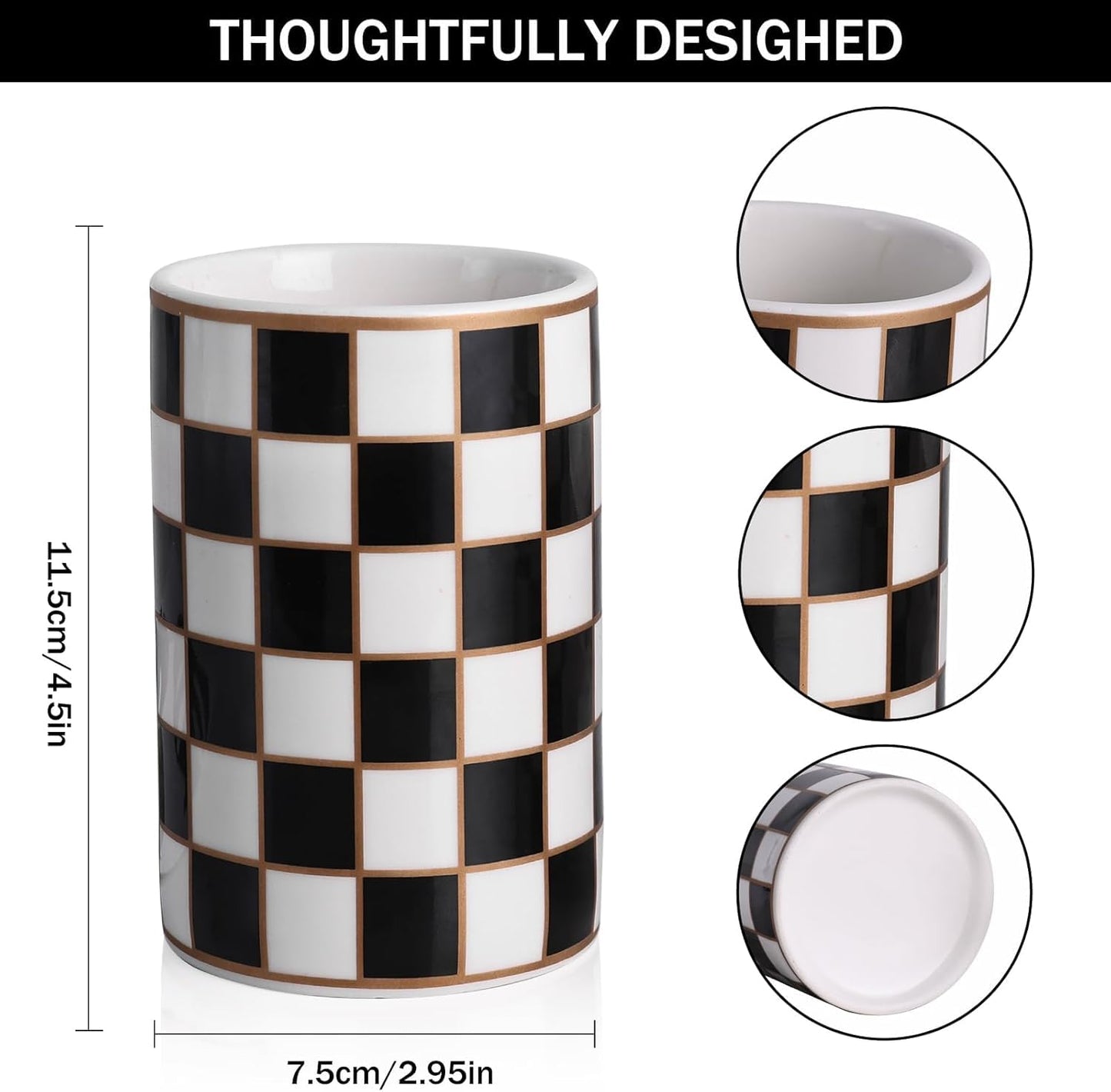 XYQXYQ Ceramic Checkered Pen Holder For Desk,Cute Stand Black And White Pencil Cup,Durable Ceramic Pencil Cup, Decorative Makeup Brush Holder Cup, Stationery Holder for Office, School, Home (Black)