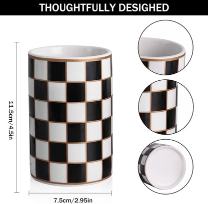 XYQXYQ Ceramic Checkered Pen Holder For Desk,Cute Stand Black And White Pencil Cup,Durable Ceramic Pencil Cup, Decorative Makeup Brush Holder Cup, Stationery Holder for Office, School, Home (Black)