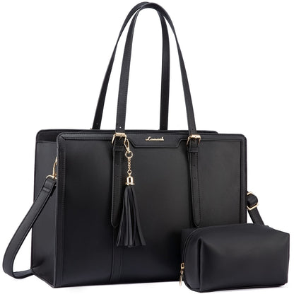 LOVEVOOK Laptop Bag for Women 17.3 Inch Lightweight PU Laptop Tote Bag, Large Capacity Computer bag with Clutch Purse for Business, Work, Office, Travel, School, Casual(Black & Leather)