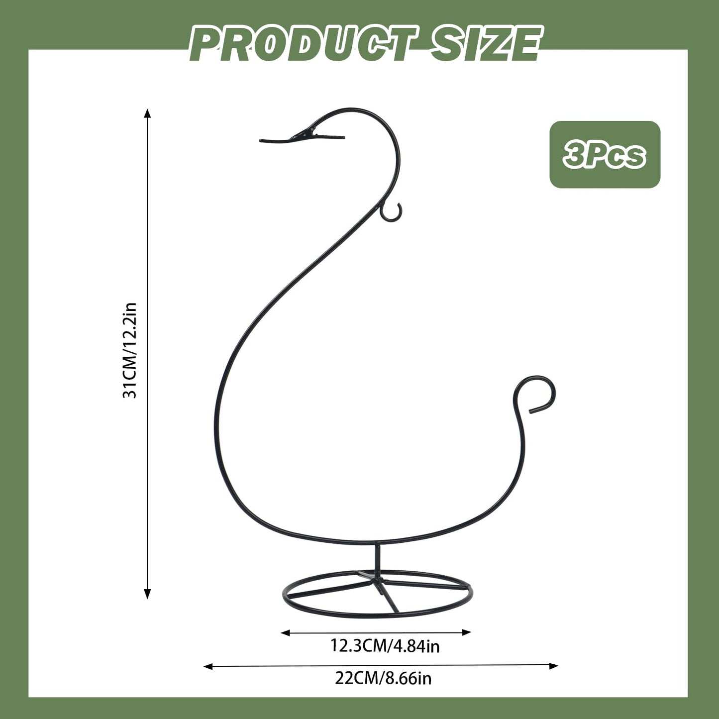 Handbanary 12 Inch Ornament Display Stand, Air Plant Holder, Terrariums Hanger, Black Iron Wire Hanging Hook for Christmas Halloween Decor (Swan Shape 3 Pcs)