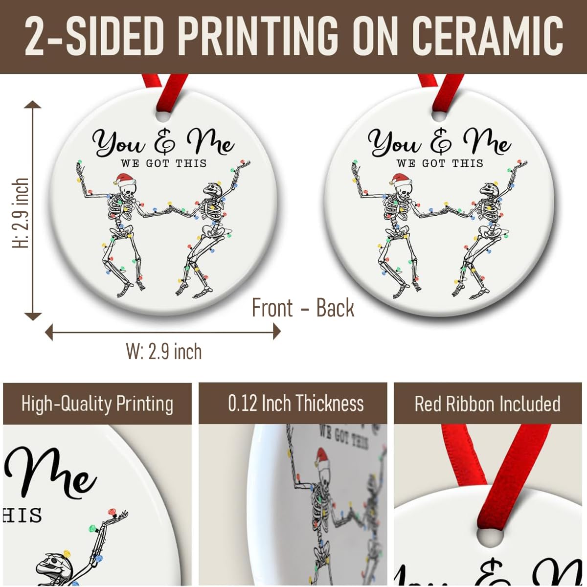SOL VIBES Couple Christmas Ornament 2025, Xmas Hanging Ornaments, Dancing Skeleton Ornament on Christmas or Halloween, You & Me Gifts for Love and Friendship, Girlfriend, Boyfriend, or Soul Sisters
