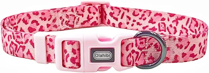 Dog Collar Leash Set, Leopard Pattern, Polyester Material, Adjustable Collar and 5ft Matching Leash, for Medium Dogs.(M, Pink Leopard)