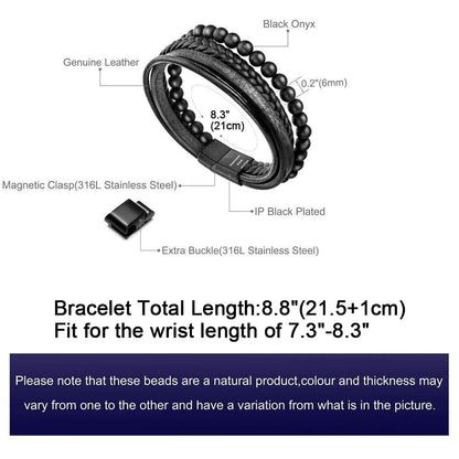 murtoo Mens Bead Leather Bracelet, Natural Bead, Steel and Leather Bracelet for Men Christmas Gift (black onyx bead)