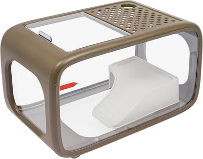 Desktop Fish Tank, 3.2Gal Small Betta Fish & Turtle Tanks, Aquarium Bowl with Detachable Basking Platform, Multi-Functional Areas Aquascape Tanks for Fish Terrapin Frog Shrimp Crab (Brown)