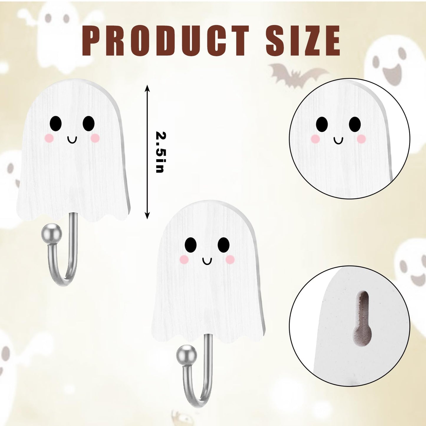 Whaline 6Pcs Halloween Ghost Hooks Cute Ghost Wood Coat Hook Decorative Towel Hanger Wall Mounted for Home Bathroom Bedroom Kitchen Entryway Decor