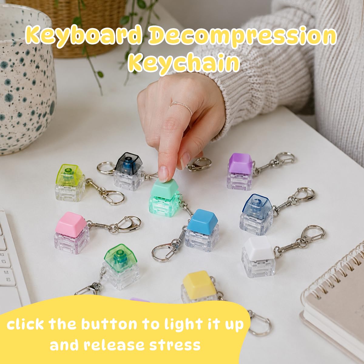 12PCS Keyboard Fidget Toy, Keyboard Clicker with LED Light, Keyboard Fidget Keychain, Keyboard Button Finger Clicker for Anxiety Relief (Style-4)