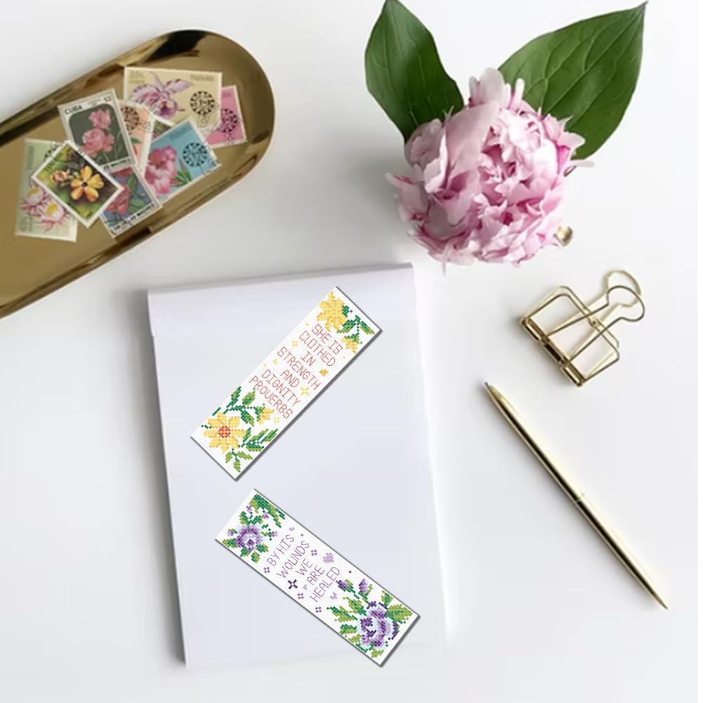 FREEBLOSS 6 Set Cross Stitch Bookmark Kits Stamped Embroidery Kit Bookmarks DIY Book Marks Printed Cross Stitch Kits with Instructions 8''x2.4'' Flowers Daisy Rose Lily