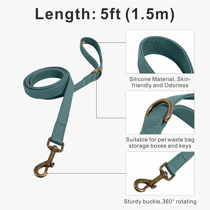 Dog Collar and Leash Set,Leather Silicone Waterproof Odor-Proof Dog Collar and Leash for Medium Dogs, Soft Flexible Dog Collars, Durable Thick Adjustable Pet Collar (Green, Medium (12.5-20 "Neck))