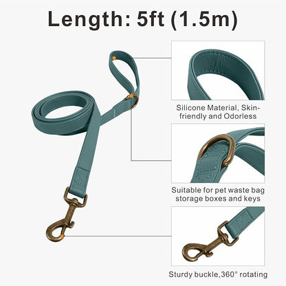 Silicone Dog Collar and Leash Set, Waterproof & Odor-Proof Puppy Collar for Small Dogs, Soft Flexible Leather-Look Dog Collars, Durable Thick Adjustable Pet Collar (Green, Large (16-24.5" Neck))