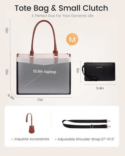 LOVEVOOK Professional Laptop Tote Bag for Women 15.6 inch, 2-in-1 Structured Leather Tote Purse with Clutch & Cup Holder, Large Capacity Work Briefcase for Office Travel, Black-Grey