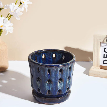 NiSevenLiving Orchid Pots with Holes Attached Saucers 5 Inches - 2 Pcs Small Ceramic Pots for Repotting, Decorative Ceramic Orchid Planter with Hole for Healthy Root Growth (White and Blue)