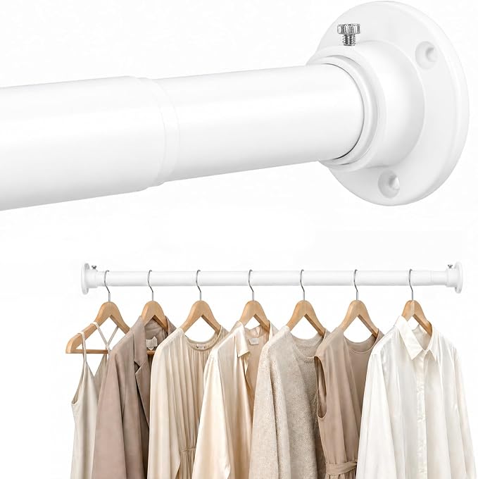 Closet Rod Adjustable 17 to 68 Inch, 1-1/4” Diameter, Closet Rods for Hanging Clothes, Stepless Metal Heavy Duty Hanging Rod for Closet Wardrobes Laundry RV (White)