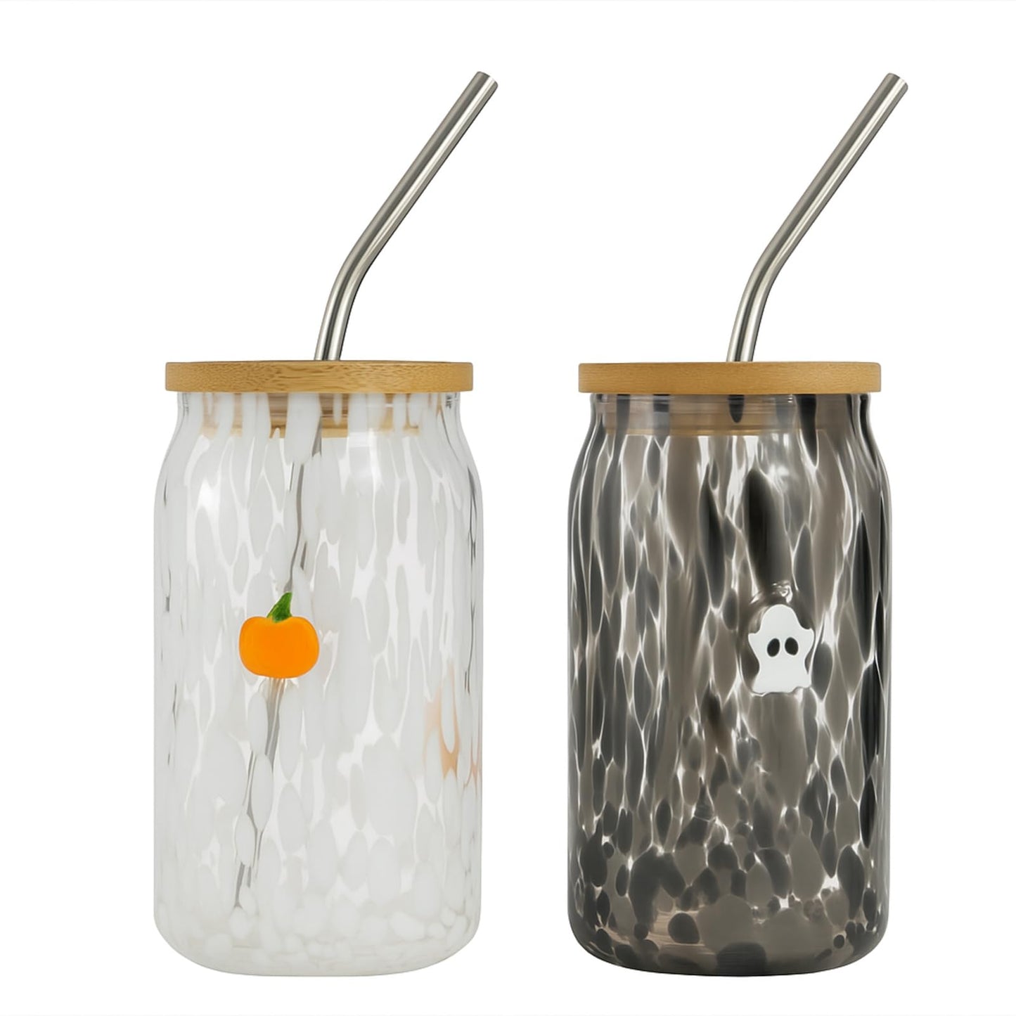 Honeydak 2 Pcs Icon Juice Glass Tumbler-18 oz Icon Can Shape Glass Cups with Lid and Straws, Coffee, Beer, Soda, Juice, Summer Drinking for Halloween Christmas Party Favors (Ghost and Pumpkin)