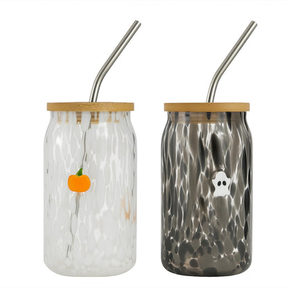 Honeydak 2 Pcs Icon Juice Glass Tumbler-18 oz Icon Can Shape Glass Cups with Lid and Straws, Coffee, Beer, Soda, Juice, Summer Drinking for Halloween Christmas Party Favors (Ghost and Pumpkin)