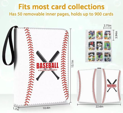 Baseball Card Binder Holder 900 Pockets with 50 Removable Sleeves, Portable Sports Trading Cards Binder Album Collector Organizer Protectors with Zipper,Waterproof