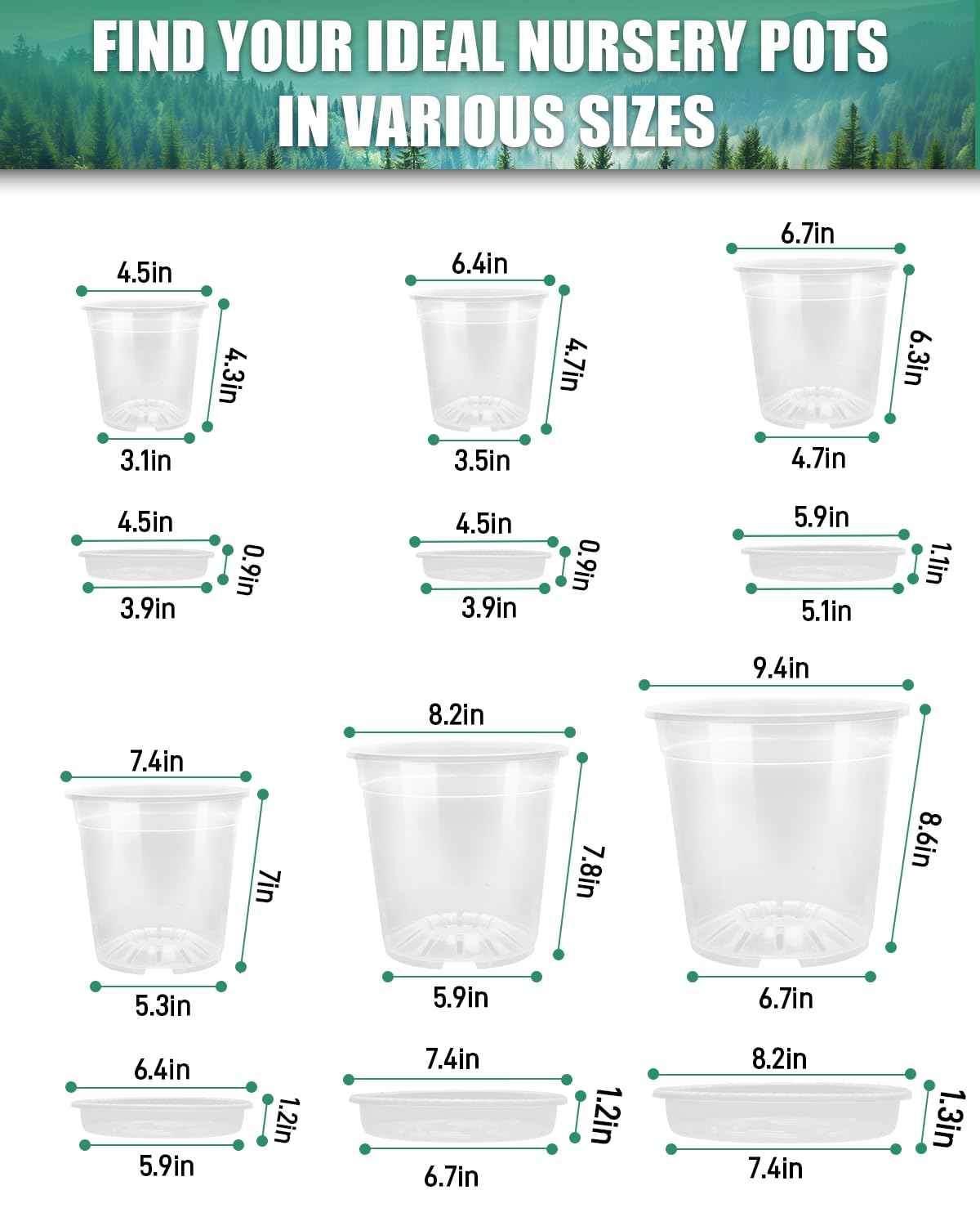 Biotolot 6 Pack Clear Nursery Pots with Drainage 9.5/8/7.5/6.7/5/4.5 Inch Nursery Pots with Saucers Transparent Seedling Pots Including Plant Labels Seed Starting for Indoor Outdoor Home Gardening