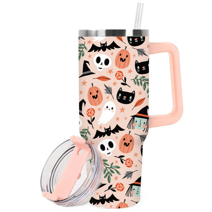 JarThenaAMCS 40oz Halloween Tumbler with Handle Straw and Lid Spooky Skull Ghost Pumpkin Travel Tumbler Coffee Cup for Holiday Party Home Office