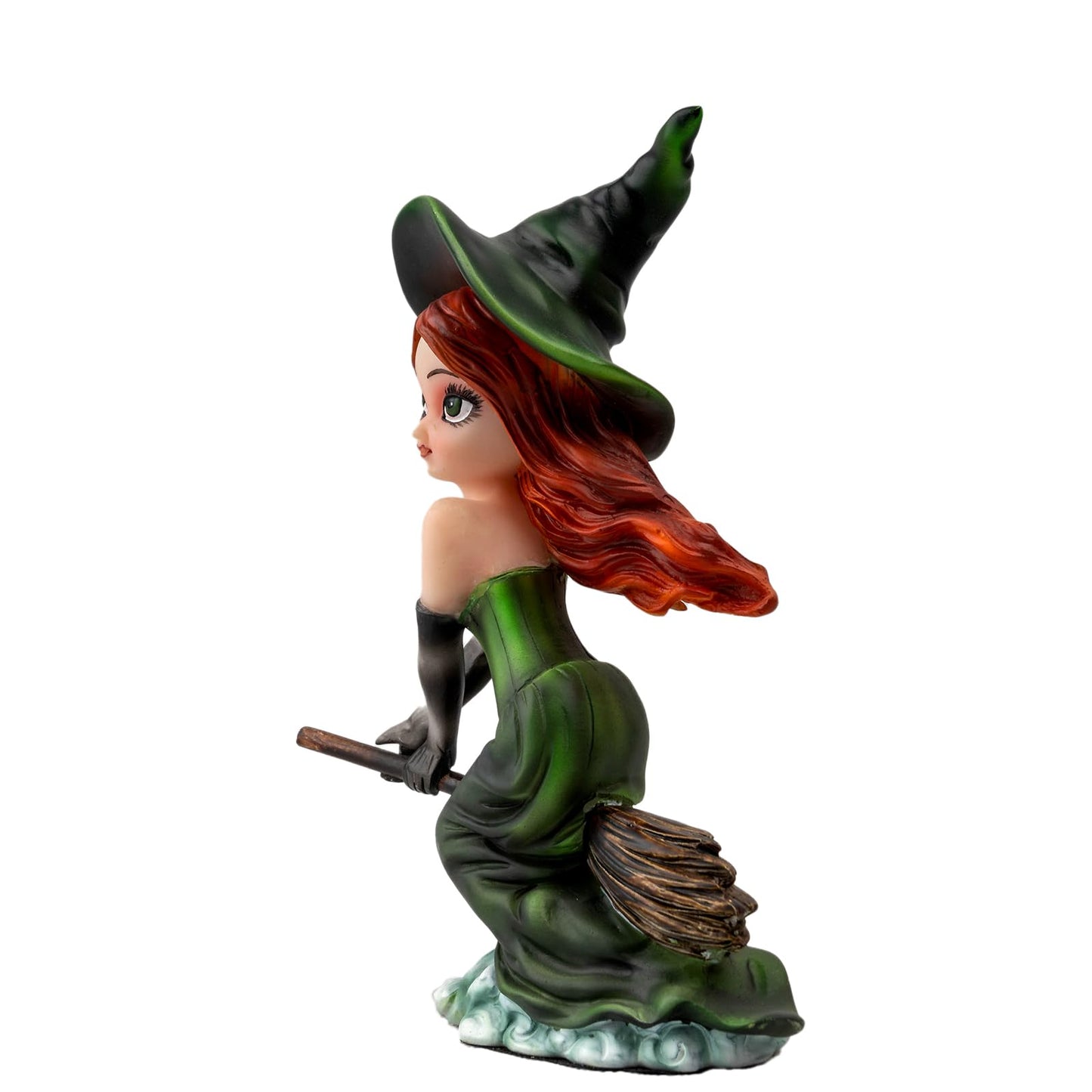 Enchanted Green Witch Resin Statue - Riding Broom Flying Style Figurine, Whimsical Gothic Witchcraft Decor, Fantasy Collectible for Halloween, Christmas & Home Office, Unique Wiccan Altar Accent Gift