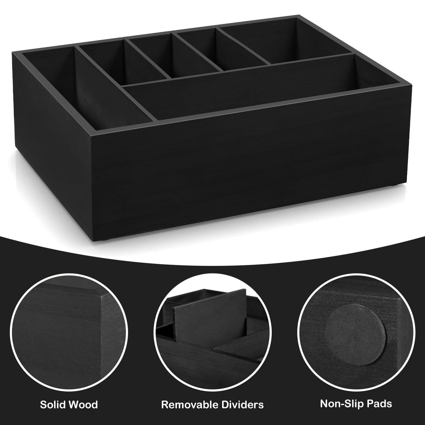 GCWSTJK Black Utensil Holder for Party - Wooden Paper Plate and Utensil Caddy for Countertop - Silverware Caddy for Cup Fork Spoon Napkin - Cutlery Organizer for Kitchen Camping Buffet Picnic