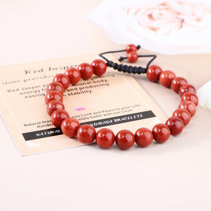 AD Beads 8mm Red Jasper - Stone Pepvodes Calming Effects - Handmade Natural Stone Crystal Bracelet with Adjustable Macrame String - Yoga Healing Power Energy Gifts for Men and Women