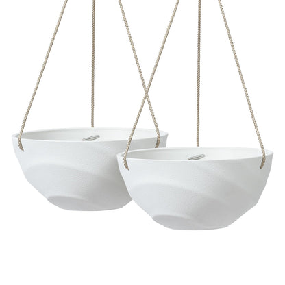 La Jolie Maison 10 Inch Hanging Planters for Indoor Plants, Outdoor Garden Planter Pots with Self-Watering Tray, Eggshell White, Set of 2