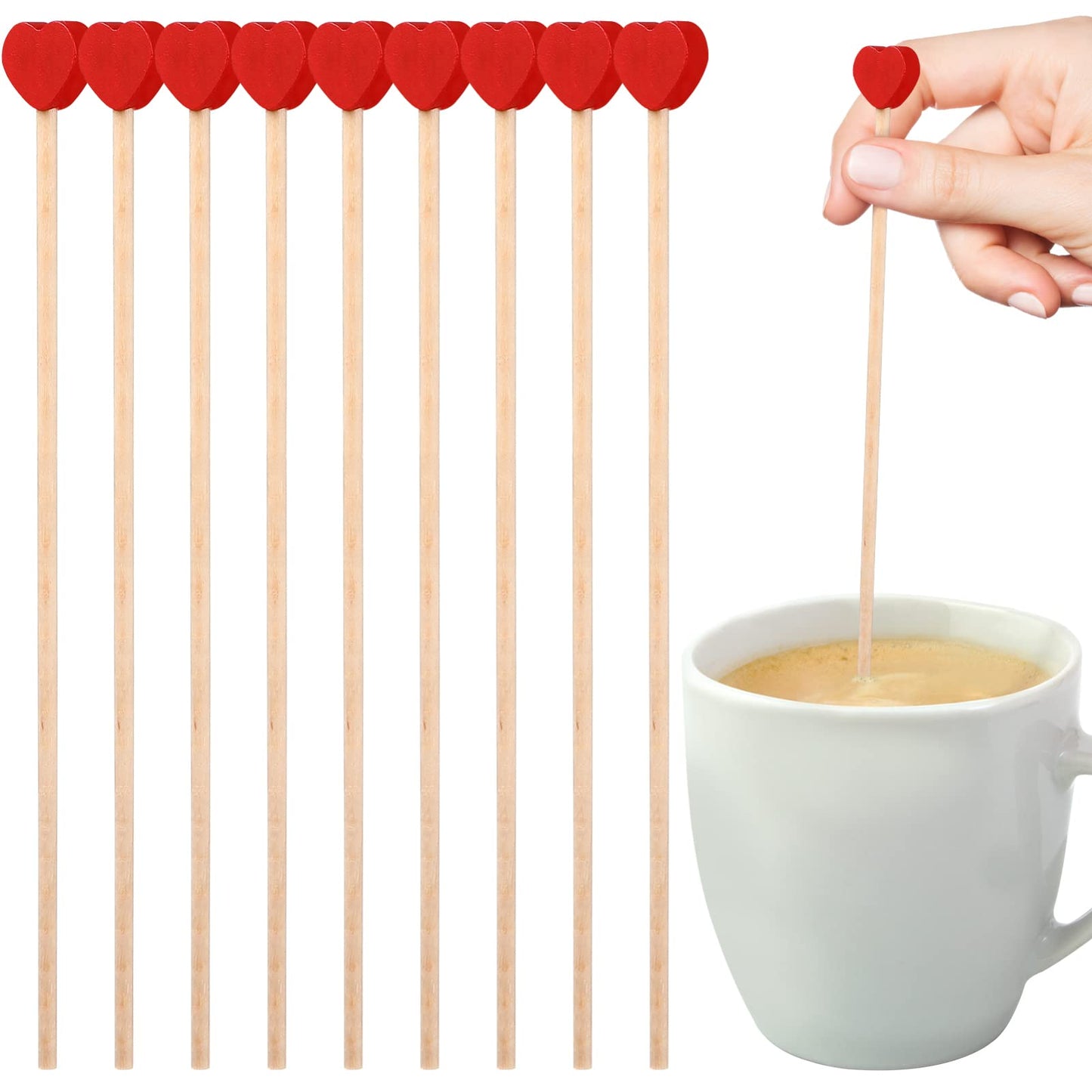 Operitacx 100 Pcs Wooden Coffee Stirrers Red Heart Stir Sticks Disposable Cocktail Stirrers Drink Stir Sticks for Wine Milk Coffee Cocktail 6.1 Inch Straws