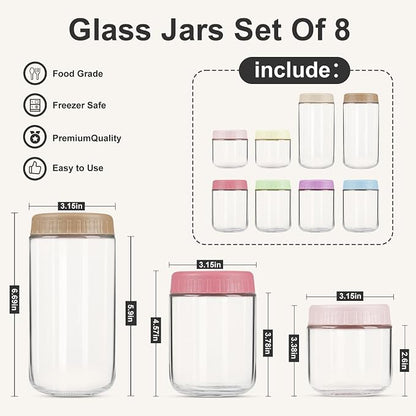 SHOWIN Overnight Oats Containers with Lids, Glass Jars with Lids 8 pcs, Wide Mouth Mason jars for Salad, Yogurt, Snacks, Meal Prep
