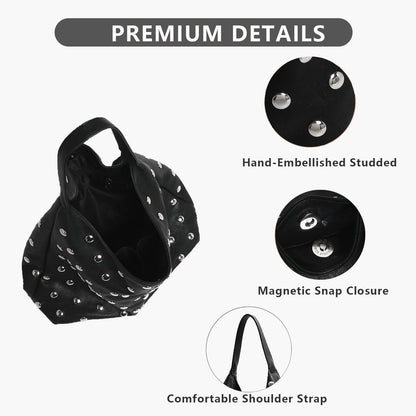Liziblloy Studded Purse Soft Leather Studded Bags for Women Studded Slouchy Hobo Shoulder Handbag Tote Purse,Black