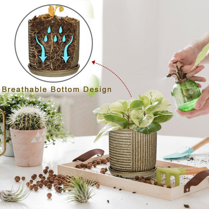 Oairse Ceramic Pots for Indoor Plants, 6.1 +4.9 inch Pots for Plants Set of 2 Brown Plant Pots with Drainage Holes and Saucers Texture Ceramic Planters Indoor Outdoor Flower Pot for Succulent