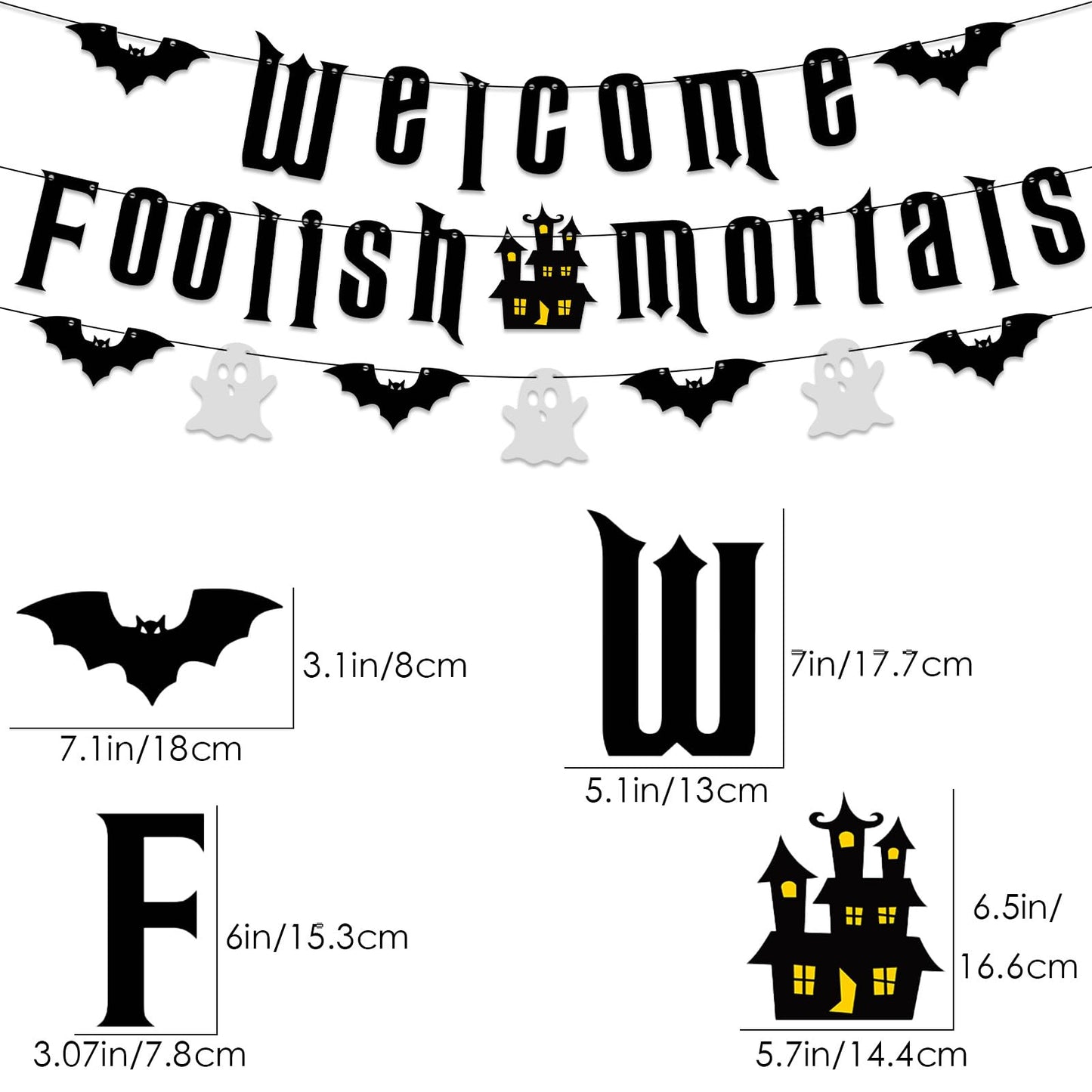 Welcome Foolish Halloween Mortals Banner Party Decorations Glitter Halloween Haunted House Gothic Mansion Decor Bat Spider Ghost Theme Sign for Indoor Laundry Room Farm Bar Home Wall Mantle Decor