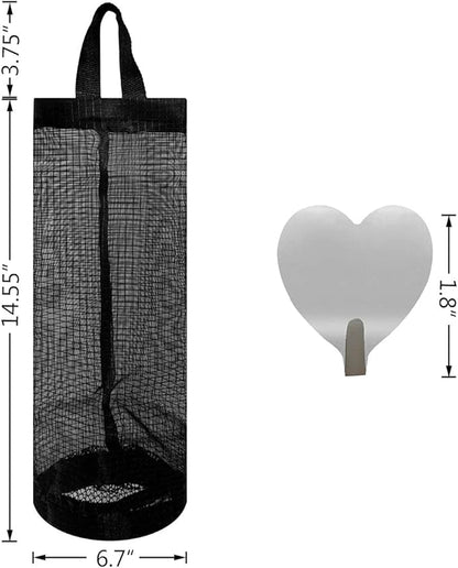 2 Pcs Plastic Bag Holder Trash Bags Storage Dispenser Organizer for Home Kitchen Mesh Hanging Storage Dispensers Recycling Garbage Folding Hanging Storage Bag Grocery Bags Holder with 2 Hooks (Black)
