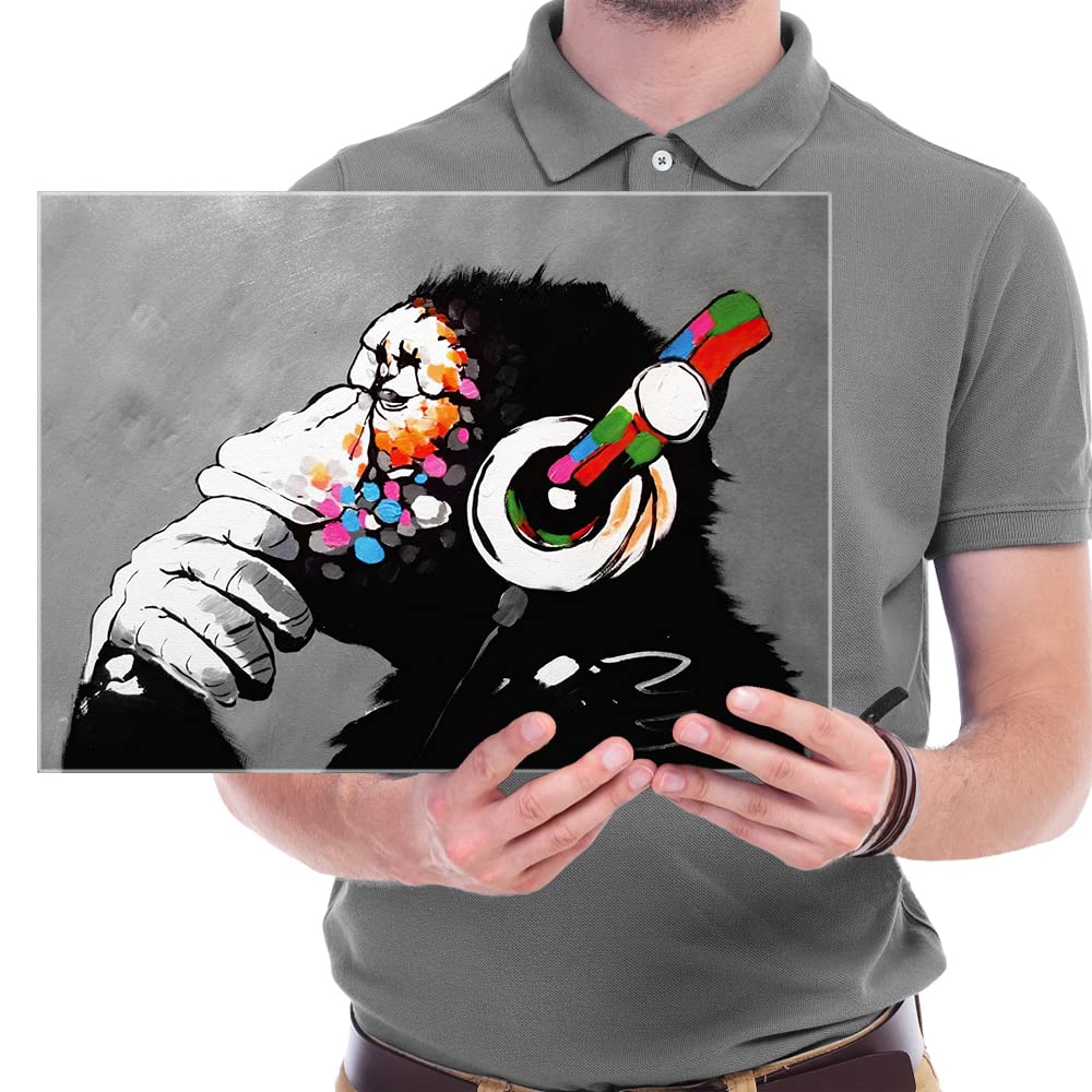 Wieco Art Black Framed Monkey With Headphones Banksy Graffiti Art Abstract Canvas Paintings Prints Animal Canvas Wall Art for Wall Decor and Home decorations Office Decor