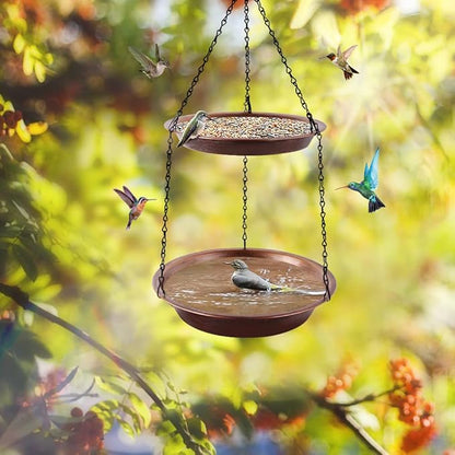 Hanging Bird Bath for Outdoor, 2-in-1 Antique Copper Metal Bird Feeder&Birdbath Bowls with 23" Rust-Proof Black Chains Backyard Birdbath Garden Decor
