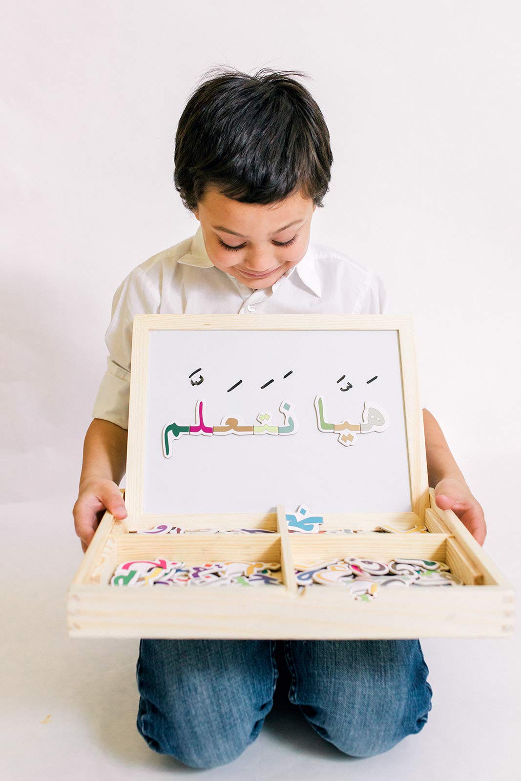 ILM Toolbox Build-A-Word Magnetic Arabic Letter Alphabet Set for Kids, 143 Wooden Arabic Letters in a Wooden Storage Box with Dry Erase Board