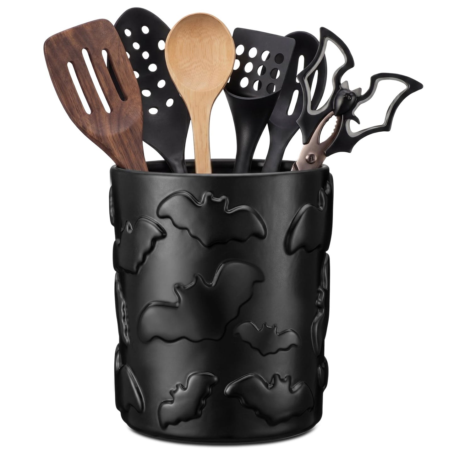 Yungyan Ceramic Bat Utensil Holder for Kitchen, Gothic Kitchen Accessories, Large Capacity 3D Bat Storage Pen Holder for Vanity Desk Bathroom Office Halloween Scary Party Decoration