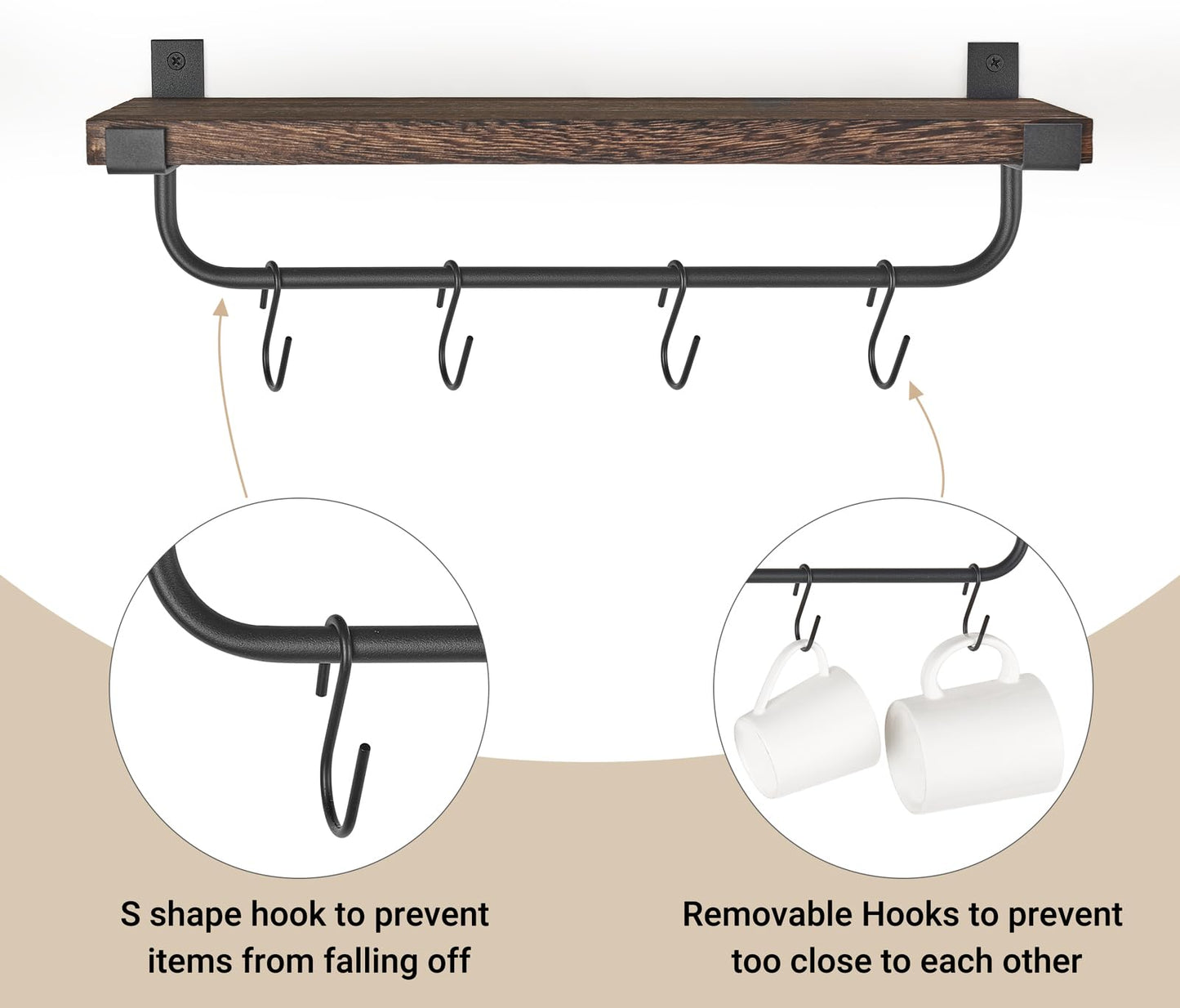 Mkono Mug Holder Wall Mounted Coffee Mug Rack Set of 2 Rustic Floating Shelf for Coffee Bar Accessories Wood Tea Cup Hooks Hanger for Organizing Cooking Utensils, Home Kitchen Decor, Brown