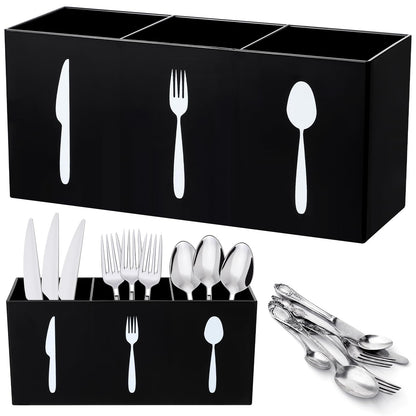 Suzile Acrylic Cutlery Storage Organizer Bin Silverware Caddy Countertop Knife Spoon and Fork Holder Kitchen 3 Section Tableware Storage Box for Cabinet Indoor Home Flatware Dining Room (Black,M)