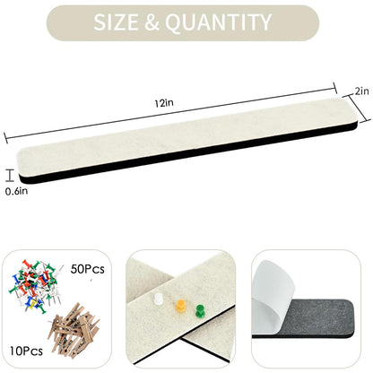 Vuzvuv 8 pcs Bulletin Board Bar Strips with 50 Pushpins & 10 Wooden Clip pins，Self Adhesive Cork Board for Wall，Felt Pin Board for School，Office Decor(Cream White)
