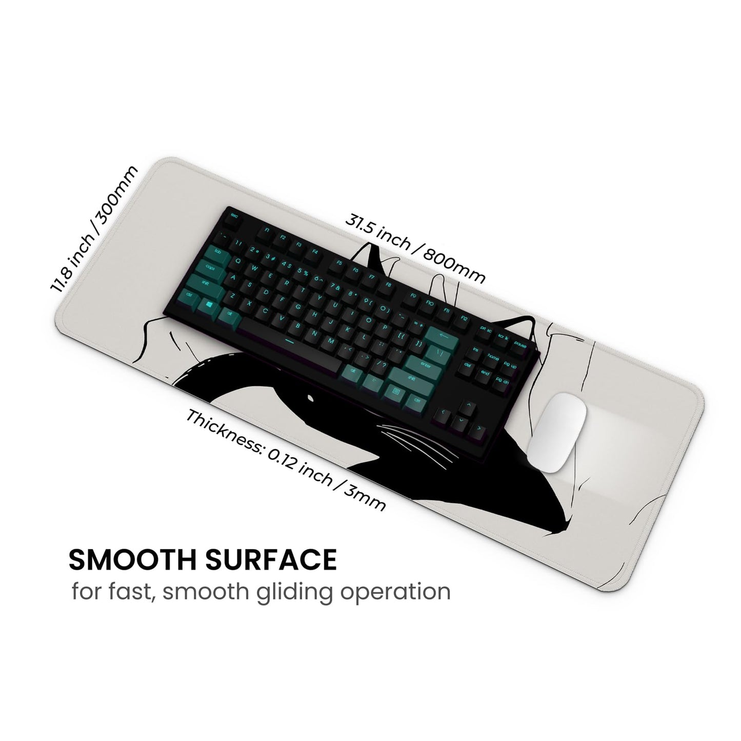 MAY FLOWER Large Gaming Mouse Pad, Full Keyboard Mat, Long Laptop Mousepad, Computer Mouse Mat for Home and Office, Anti-Slip Rubber Base, 31.5 x 11.8 Inches (Black Cat)