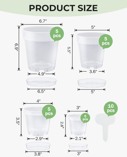 homenote 3/4/5/6 Inch Clear Nursery Pots 20 Pack with Drainage and Plant Saucers, Variety Pack Rigid High-Transparency Plastic Nursery Pots for Plants, Planter Nursery Pots with 10 Labels
