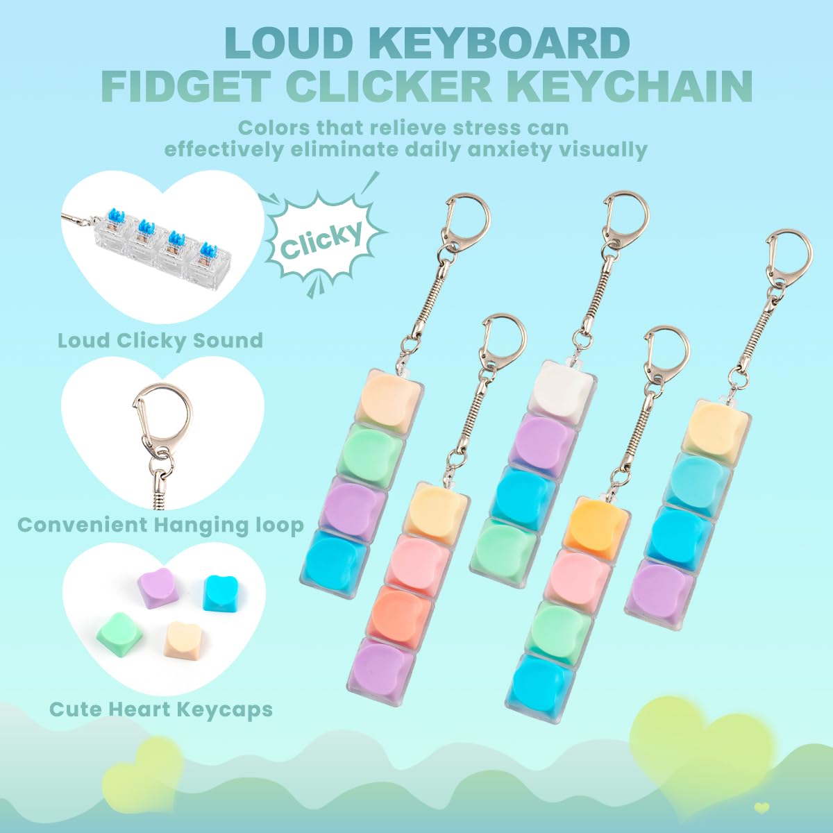 5Pcs Keyboard Fidget Toy, Cute Loud Fidget Keyboard Keychain 4-in-1 Keyboard Clicker Fidget Toy Stress Relief, Colorful Button Fidget Sensory Fun Toys for Anxiety Decompression (Heart)