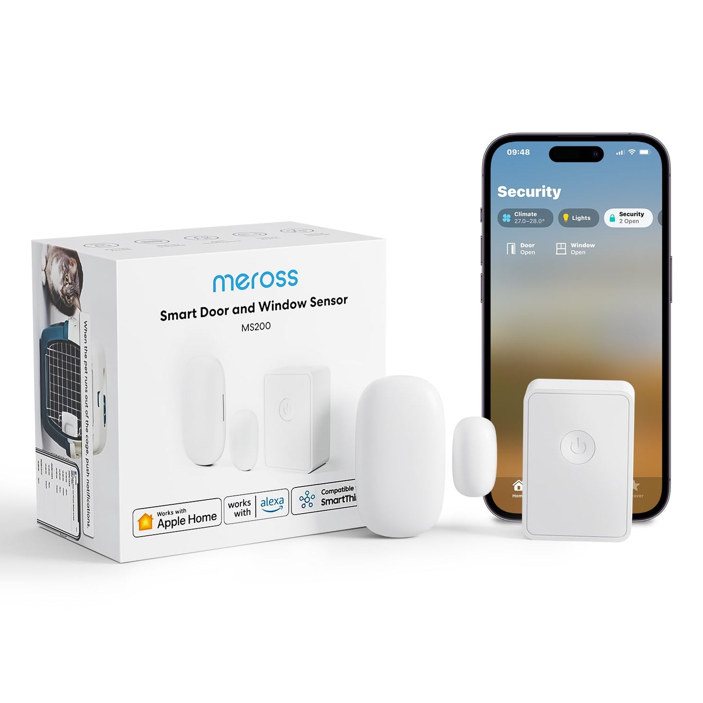Meross Smart WiFi Door & Window Sensor Kit, Support Apple HomeKit, Alexa, SmartThings, Mini Wireless Detector Burglar Alert, 328ft Range, Home Automation for Security & Kid Safety, Meross Hub Included