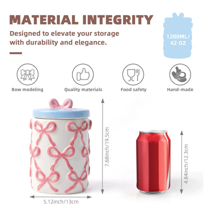 Cookie Jars with Lid Airtight, 42 OZ Large Ceramic Food Storage Containers, Cute Pink Bow Kitchen Canisters for Countertop, Suitable for Home Decor of Coffee, Sugar, Tea, Flour, Dog Treat (7.5 inch）