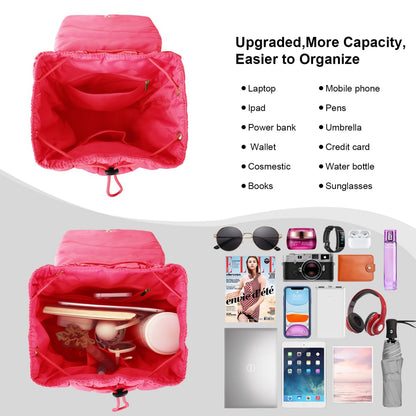 XSUIOY Quilted Backpack Purse for Women Small Lightweight Puffer Puffy College Laptop Backpack Nylon Casual Bookbag Daypack Top Flap Drawstring Padding Hiker Travel Gym Backpack(Rosered)