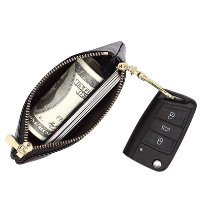 Mossruta Premium Genuine Full Grain Leather Mini Coin Purse Keychain Pouch Card Holder for Men Women (Black)