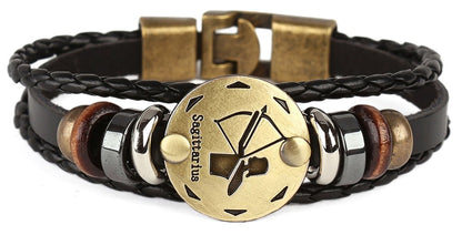 Hamoery Punk Alloy Leather Bracelet For Men Constellation Braided Rope Bracelet Bangle Wristband(Sagittarius)