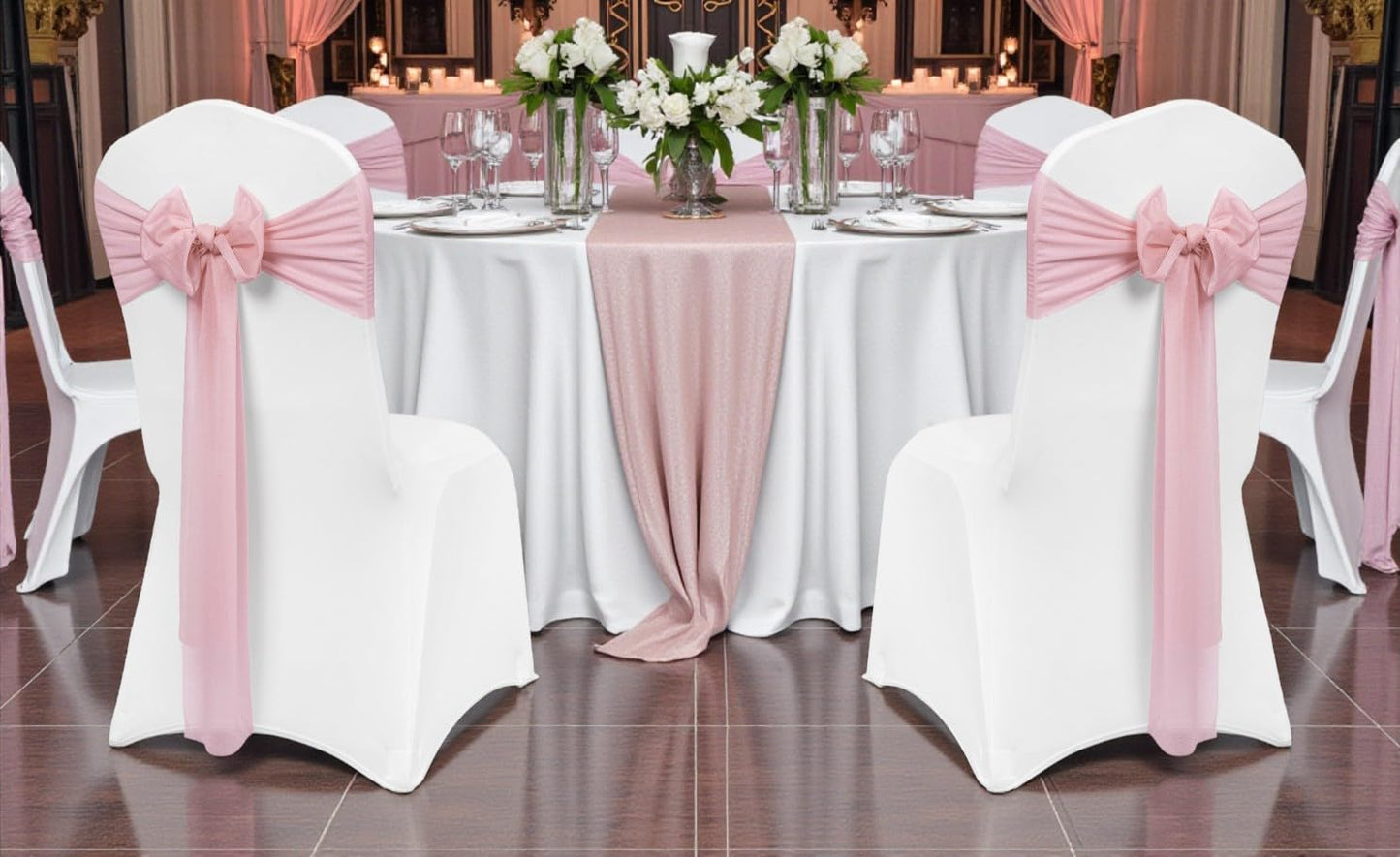 MDS® Pack of 50 Chiffon Chair Sashes Bows for Wedding Events Supplies, Decorations for Birthday Party, Graduation, Engagement, Chair Sashes fits Banquet Chair Cover Tie Back Band - Dusty Rose