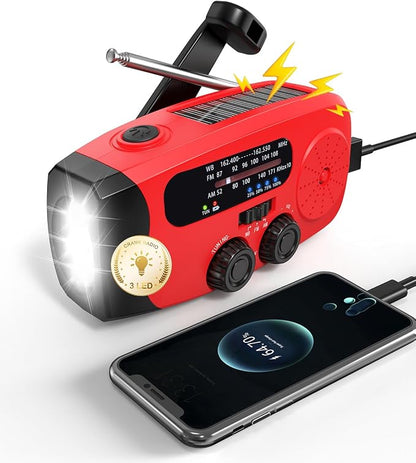 Hand Crank Radio with AM/FM/NOAA Weather Band,for Emergencies, Camping | 3 LED Flashlights,SOS Function,Solar Powered,Hand Cranked, 2000mAh/7400mWh Charger,for Power Outage - Red