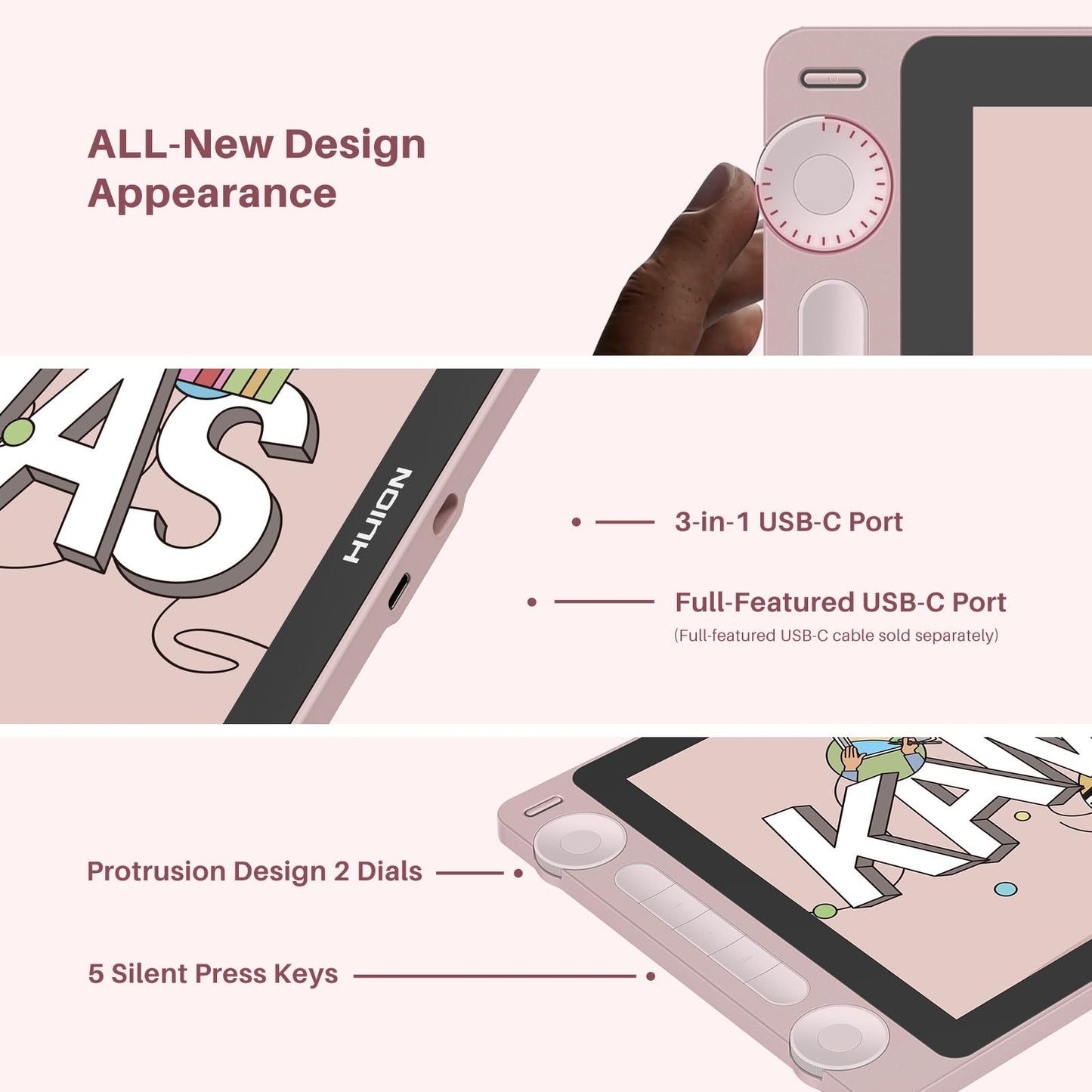 HUION Kamvas 13 (Gen 3) Drawing Tablet with Screen, 13.3" Full-Laminated Art Tablet with Anti-Sparkle Canvas Glass 2.0, 99% sRGB, PenTech 4.0, 16384 Pen Pressure, Dual Dial for PC, Mac, Android, Pink