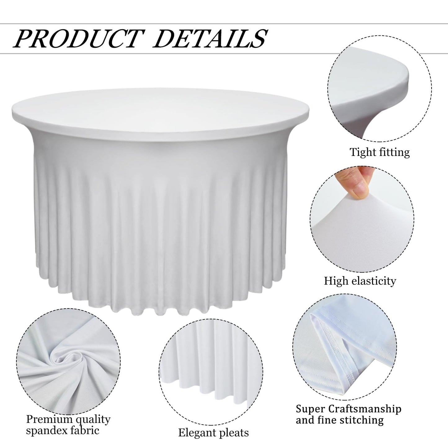 Yoquare 4 Pack White Round Table Skirt, 48 Inch Diameter x 30 Inch Height, Stretch Polyester Spandex Tablecloth for 4ft Round Tables, Stain & Wrinkle Resistant for Wedding, Party, Banquet Decor